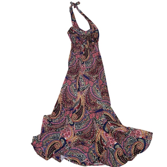 Elysa Suzanne paisley designer elegant resortwear beach boho halter maxi dressxs - Picture 2 of 5